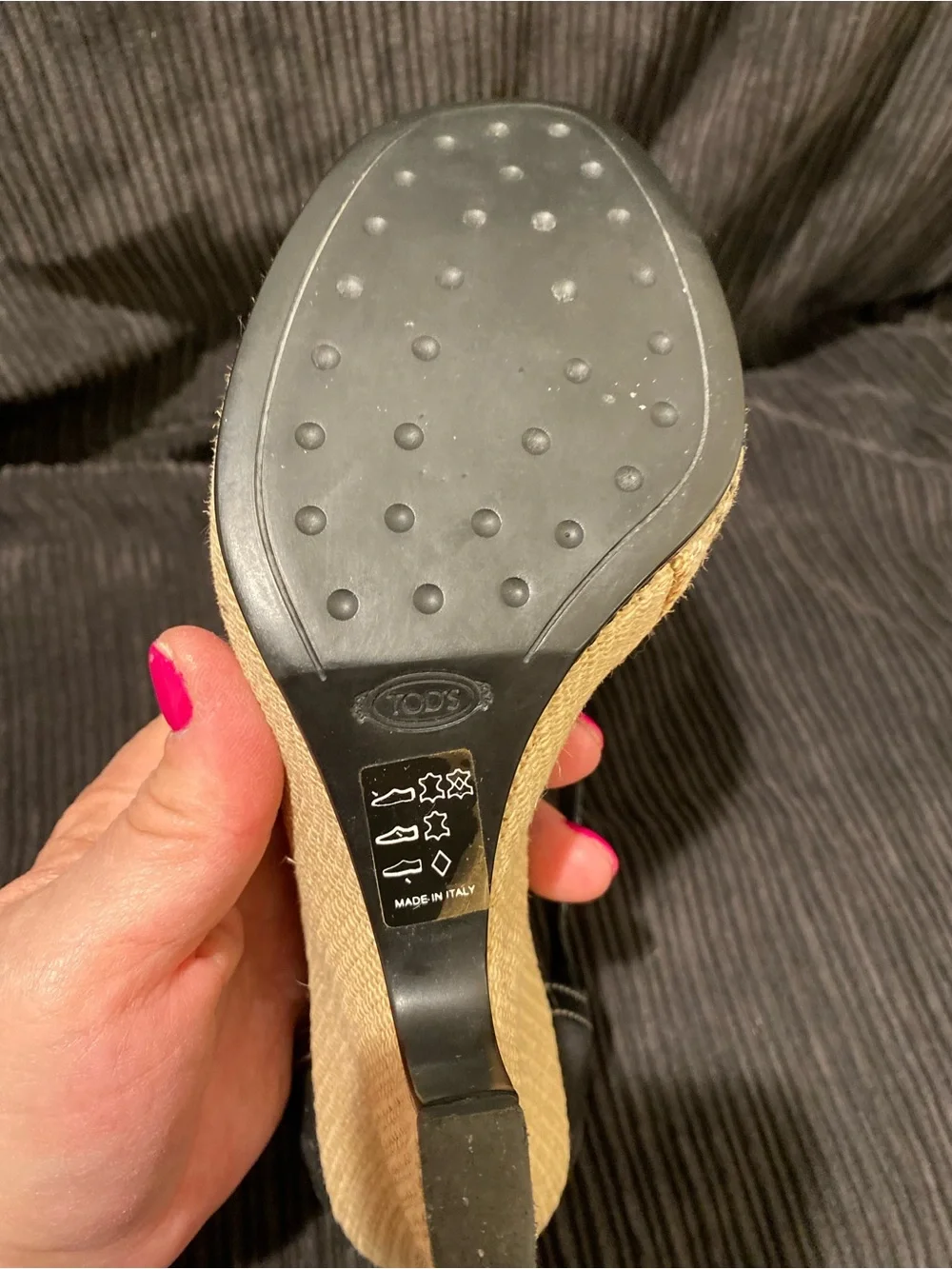 Tod's Black Patent Leather Wedge Sandals with Natural Woven Heel